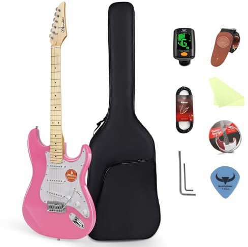 Bullfighter 39 Zoll E-Gitarre, 4/4 Vollgröße, SSS Tonabnehmer, E-Gitarre ST für Anfänger & Musikliebhaber inkl. Zubehör: Gitarrentasche, Gurt, Plektren, Stimmgerät, Ersatzsaiten, Kabel. MS-100 (Rosa)