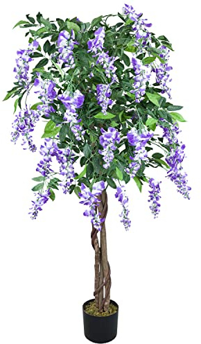 Decovego Blauregen Wisteria Glyzinie Kunstpflanze, realistischer Kunstbaum 160 cm, Deko für Wohn- & Büroräume, Stamm aus Echtholz, Allergikerfreundlich & Pflegeleicht