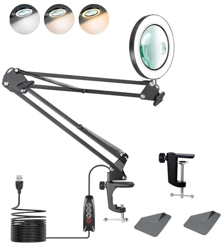 Lupe mit Licht, 10 Fach 15 Fach Lupenleuchte mit Klemme, Verstellbare Arm Lupenlampe Kosmetik mit 3 Modi Farben und Stufenlos Dimmbaren, Magnifying Glass with Light