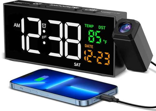 Netzu Digitaler Wecker mit Projektion, Projektionswecker mit 350° Projektor, Thermometer, Datum, Große Anzeige, 10 Klingeltönen, 4 Helligkeit, 4 Lautstärke, Manuell DST, Lauter Wecker Schlafzimmer