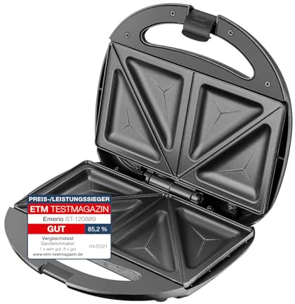 Emerio Doppel Sandwich Maker, BPA frei, klassische Form für dreieckiges Sandwich, leicht zu reinigen, Antihaftbeschichtung, heizt schnell auf, 750 Watt, Schwarz
