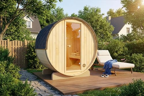 FinnTherm Fass-Sauna Mini XXS, 194 x 130 x 194 cm Gartensauna, Outdoor Sauna mit 42 mm Wandstärke, inkl. Montagematerial, Glastür aus Sicherheitsglas, 2-3 Personen, inkl. Dachschindeln, Außensauna