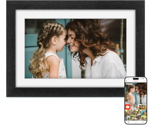 Frameo Digitaler Bilderrahmen Holz WLAN, 10.1 Elektronischer Bilderrahmen 32GB Speicher, 1280*800 IPS Touchscreen Auto-Rotate, Fotos/Videos sofort über Frameo APP Teilen, Geschenke für Frauen Männer