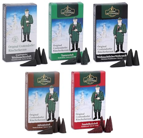 Crottendorfer Räucherkerzen 5er Pack (5 x 24 Stück) – Weihrauch, Tannenduft, Sandelholz, Erzgebirgischer Weihnachtsduft, Adventsduft – Höhe 2,7cm, Ø 1,2cm – 15 Min. Brenndauer pro Räucherkegel
