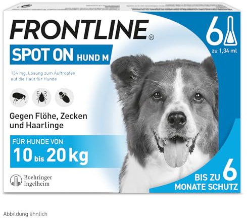 FRONTLINE Spot ON Hund M gegen Zecken, Flöhe & Haarlinge (10 bis 20 kg) - 6X Pipetten für bis zu 6 Monate Schutz - wasserfest