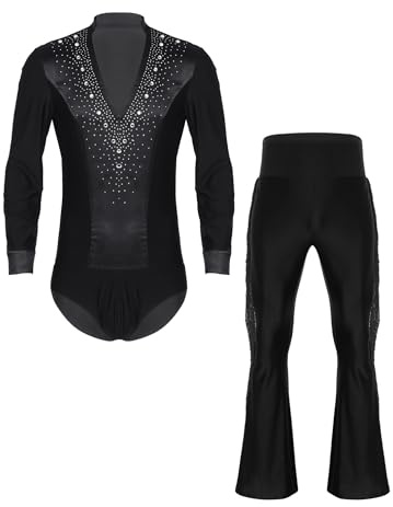 MSemis Herren Glitzer Latein Eiskunstlauf Tanz Kostüm V-Ausschnitt Langarm Tanzbody mit Schlaghosen für Performance Schwarz XL