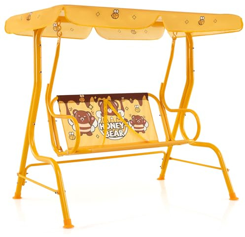 GOPLUS Hollywoodschaukel Kinder Outdoor, 2-Sitzer Terrassenschaukel mit verstellbarem Baldachin & Sicherheitsgurten, Kinderschaukel für Kinder ab 3 Jahren, ideal für Hinterhof, & Rasen (Gelb)