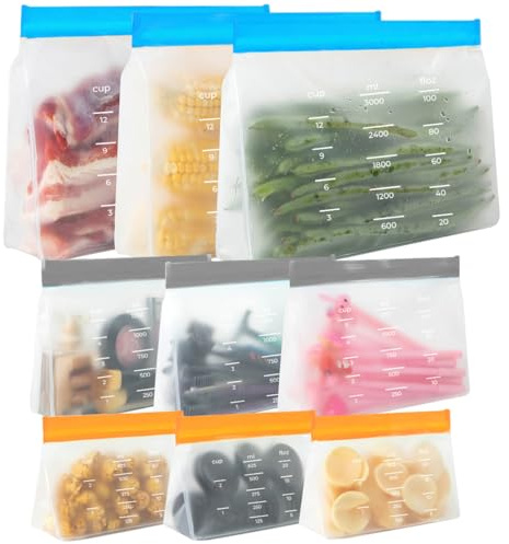 Vylro 9 Stück Wiederverwendbare PEVA-Lebensmittelbeutel | Wiederverwendbare Gefrierbeutels, PEVA Gefrierbeutel Wasserdicht, Gefrierbeutel Wiederverwendbar (625ml, 1250ml, 3000ml)