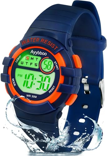 Ayybboo Kinderuhr Digital für Jungen Mädchen ab 4-15 Jahre,3 ATM Wasserdicht Armbanduhr Kinder mit 7-Farben LED,Digitaluhr Kinder mit Wecker,Stoppuhr,12/24H（Gelb-Blau）