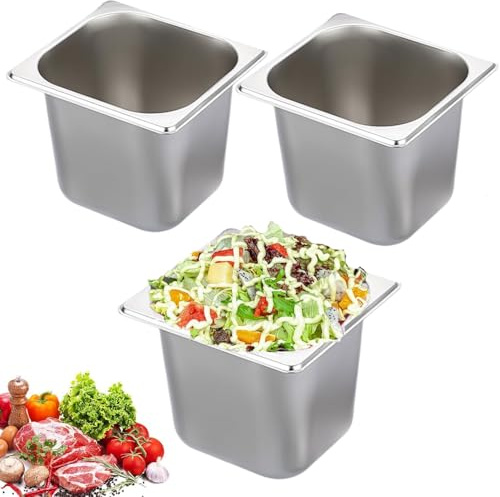katmerio 3 Stück Behälter 1/6 Edelstahl, Höhe 15cm Warmhaltebehälter Essen, Gastronormbehälter aus Edelstahl, Hitzebeständiger Gastro Behälter für Lebensmittelaufbewahrung - 17,5 x 16 x 15 cm