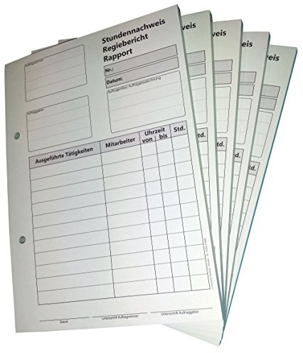 4xBlock Stundennachweis-Regiebericht - Rapport DIN A5, 2-fach selbstdurchschreibend,2x50 Blatt weiß/grün - gelocht (22432)
