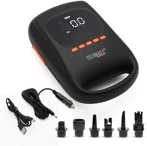 Technaxx SUP Pumpe Elektrisch Akku 20 PSI, Kabellose Luftpumpe für Stand Up Paddle Board, Kajak, Schlauchboot & Luftzelt, Digitaldisplay, Auto-Off, 7500 mAh Powerbank, 6 Düsen - TX-266