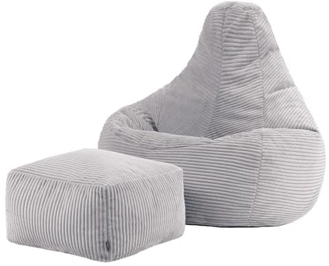 Icon Dalton Sitzsack mit Hocker Cord, Grau, Gaming Sitzsack Erwachsene mit Füllung, Bean Bag, Cord Sessel, Lounge Sessel, Lounge Stuhl, Schlafzimmer, Wohnzimmer, Wohnzimmer Möbel