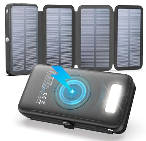 Wireless-Solar-Powerbank-27000mAh - FEELLE 22,5W Schnellladung USB-C Externer Akku Pack mit PD 4.0 QC 3.0 USB-Ausgang & 4 Solarpanel für Smartphones Tablets (Schwarz)