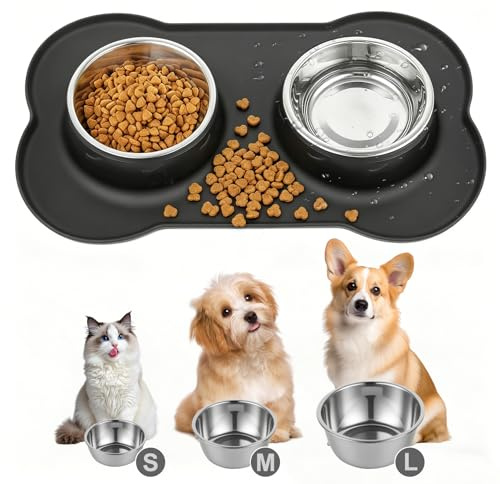 Futternapf Hunde Katzen, Fressnapf Hundenapf Kleine Hunde Napfset, Edelstahl Katzenapf Wassernapf Hund mit Nicht Kleckern, mit 1 Hundenapf Unterlage Rutschfest Silikon Tablett Matte( S 36 x 21 cm)