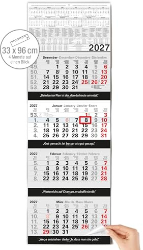 TOBJA® 4 Monatskalender 2027 Block Wandkalender 33x96 cm - Mit Zitaten von Franklin, Kafka & rotem Datumsschieber, Metallöse | 4-sprachig DE/EN/FR/ES | FSC