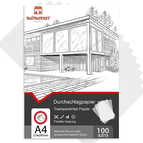 Raimarket Transparentpapier A4 (8x11) 100 Blätter Premium Pauspapier & Pergamentpapier - Ideal for Architekturskizzen, Modedesigns, Filigrane Kunstwerke, and Printing (50 g/m²)