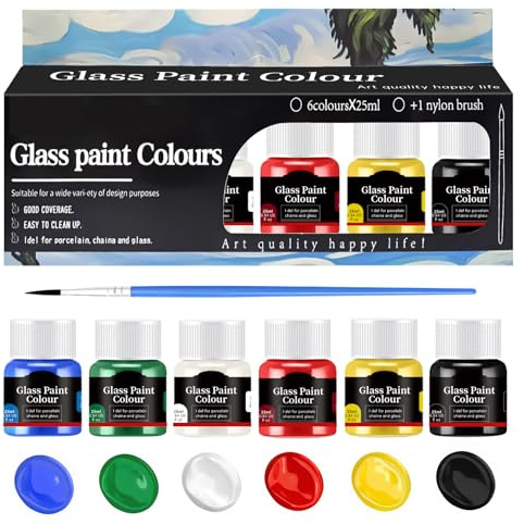 Allony Glasfarbe Spülmaschinenfest, Glass Paint, Glasmalfarben, Keramik Bemalen Set, Reine und Helle, Zarte Paste, Ideal Zum Bemalen Von Tassen, Vasen und Glas, 6 * 25ml