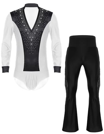 Fldy Herren Latein Standard Tanz Kostüm Hemd Hose Set Strass Hemdbody Schlaghose Wettbewerb Performance Modern Dancewear Weiß&Schwarz L