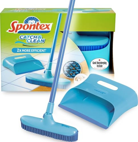 Spontex Catch & Clean Set aus Gummibesen und Kehrblech für den Innenbereich, Set aus Gummibesen und Kehrblech zur Entfernung von Haaren