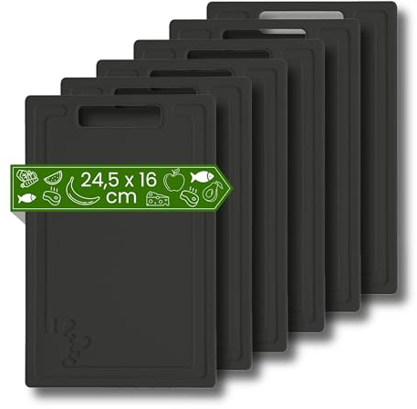Frühstücksbrettchen aus Kunststoff (6er Set Schwarz - 24,5x16 cm Klein) | Brettchen Spülmaschinenfest - Frühstücksbretter - Kleines Schneidebrett mit Anti-Rutsch und Saftrille - Stullenbretter