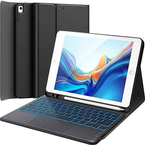 CHESONA Tastatur Hülle für iPad 10.2 Zoll 9/8/7 Generation | 7-Farbige Beleuchtung, 2 BT Kanäles, Wiederaufladbar Abnehmbare QWERTZ Tastatur, Schwarz