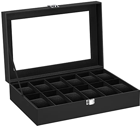 SONGMICS Uhrenbox mit 12 Fächern, Uhrenkasten mit Glasdeckel, Uhrenkoffer mit herausnehmbaren Uhrenkissen, Premium-Uhrenschatulle, PU-Bezug in Schwarz, Samtfutter in Schwarz JWB12B