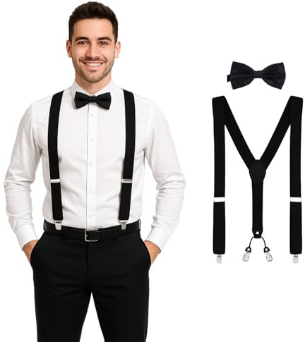 DonDon Herren 3,5 cm breiter Hosenträger in Y-Form elastisch und verstellbar im 2er Set mit farblich passender Fliege 12 x 6 cm