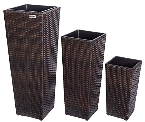 Casaria® Blumentopf 3er Set Polyrattangeflecht Übertopf Wasserabfluss Rattanoptik Outdoor Pflanzkübel Blumenkasten Braun