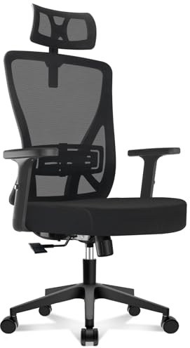 Durrafy Ergonomischer Bürostuhl mit Verstellbarer Kopfstütze – Komfortabler Schreibtischstuhl mit Lendenstütze, Atmungsaktivem Netzrücken und Wippfunktion, Schwarz