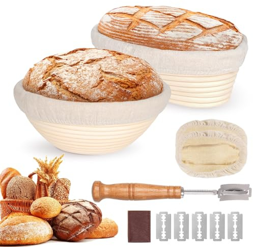 2er-Set Gärkörbchen, Gärkorb Brot Set, Runde und Ovale Gärkorb Zum Brotbacken-Set, Brotkorb Mit Brotmesser mit fünf Klingen, Waschbarem Leineneinsatz, für Professionelle und Häusliche Bäcker