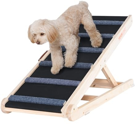 VEVOR Hunderampe 105cm lang Hundetreppe mit 6 Querstangen Hundeautorampe aus Kiefernholz Gummi Hundeeinstiegshilfe 6-stufige Höheneinstellungen Tierrampe ca. 113kg Tragfähigkeit für große kleine Hunde