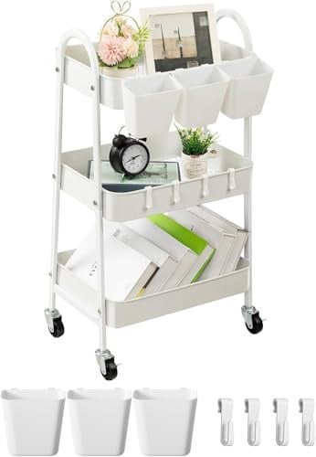 danpinera Rollwagen mit 3 Ebenen, Rollwagen Metall, feststellbaren Rädern & hängenden Bechern & Haken, Mobiler Bastelwagen für Küche, Bad, Büro, Werkstatt, Weiß
