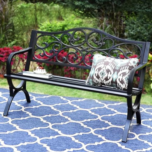 PHI VILLA Gartenbank Wetterfest Metall 2-3 Sitzer Bank Outdoor Schwarz | Gusseisen-Rückenlehne, Pulverbeschichtet Stabiler Metallrahmen, Florales Design, Bank für Garten, Terrasse, Park