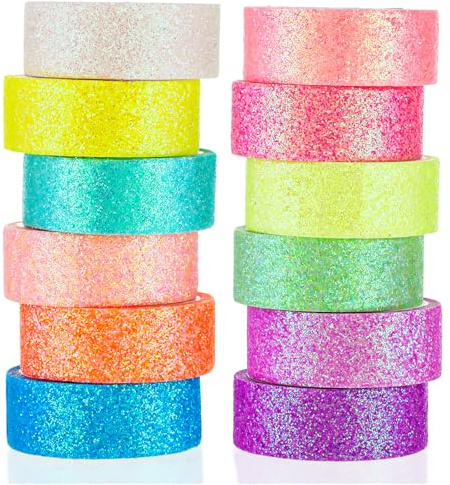 TIESOME 12 Rollen Glitzer Washi Tape Set, Glitzernde Dekoratives Klebeband, Glitzernde Bänder für Basteln DIY Papier Tape Bunt für DIY Handwerk Bullet Journals Planer Scrapbooking Verpackung 2m x 15mm
