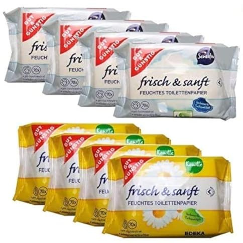 Gut & Günstig 8 Pack (560 Blatt) feuchtes Toilettenpapier 4er Pack Kamille & 4er Pack Sensitiv