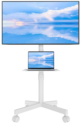 BONTEC Mobiler TV Ständer auf Rollen für 23-60 Zoll Plasma/LCD/LED Fernseher, Tragbarer TV Stand mit Laptopablage, Höhenverstellbarer Rollbarer TV Wagen bis 25kg, max. VESA 400x400mm(weiß)