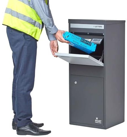 SMART PARCEL BOX Paketbox draußen, Standbriefkasten mit Paketfach, Paketbriefkasten XXL, große Postbox für Pakete Outdoor, Paketkasten Entnahme hinten & vorne, rostfrei, verzinkter Stahl, grau