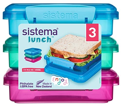 Sistema Brotdose Sandwichbox | 450 ml | stapelbare und luftdichte Lunchbox mit Deckel | Lunchbox Kinder & Erwachsene | gemischte Farben | 3 Stück