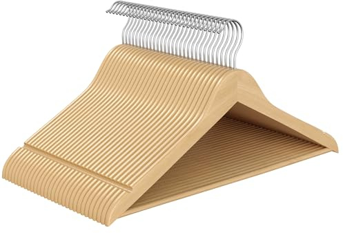 SONGMICS Kleiderbügel Holz, 30er Set, Hosenbügel, schlank, Birkenholz | Bügel platzsparend, 360° drehbarer Haken, für Träger und Jacken, gelbbraun, CASON Kollektion, CRW030K01