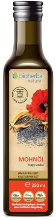 Mohnöl 250 ml – Kaltgepresstes Öl aus Mohnsamen | Natürlich & reich an Vitamin E & Omega-6 | Für Küche, Haut & Haarpflege | Von BIOHERBA