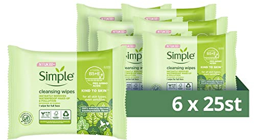 Simple Hautfreundlich, biologisch abbaubar, wasserfest, Make-up-Reinigungstücher für empfindliche Haut, 6 x 25 Stück