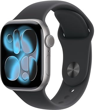 Apple Watch Series 11 GPS 42 mm Smartwatch mit Aluminiumgehäuse in Space Grau und Sportarmband in Schwarz (S/M). Schlafindex, Fitnesstracker, Gesundheitstracking, Always-On Display, Wasserschutz