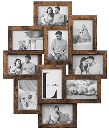 SONGMICS Bilderrahmen-Collage, 10 Fotorahmen für 10 x 15 cm Bilder, Fotocollage, Wandcollage, Multi-Rahmen, Wanddeko, vintagebraun RPF020X01