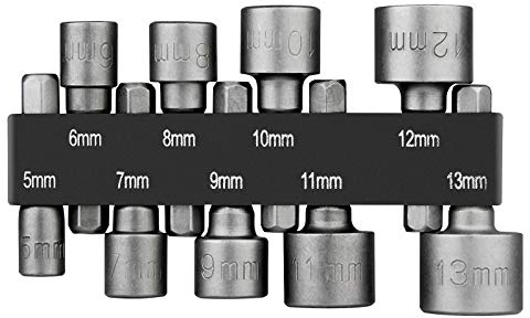 HPHOPE 9 Stück Steckschlüssel Set 5mm-13mm, Stecknuss Bit Adapter | 1/4 Sechskantschaft mit Magnetismus, CV-Stahl mit Rostschutzlack, Für Bohrer oder Akkuschrauber