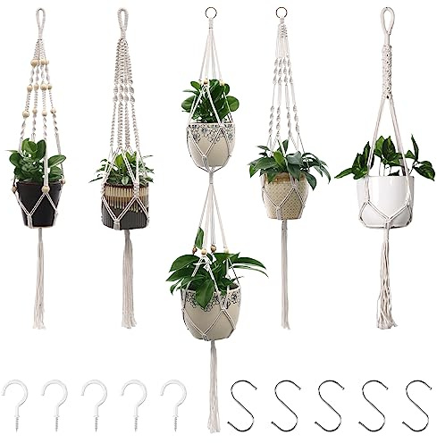 BASVII Makramee Blumenampel 5er Set, Boho Deko Baumwollseil Hängeampel Beige Blumentopf für Pflanzen Halter Aufhänger für Innen, Außen, Garten, Balkon, Terasse, Fenster