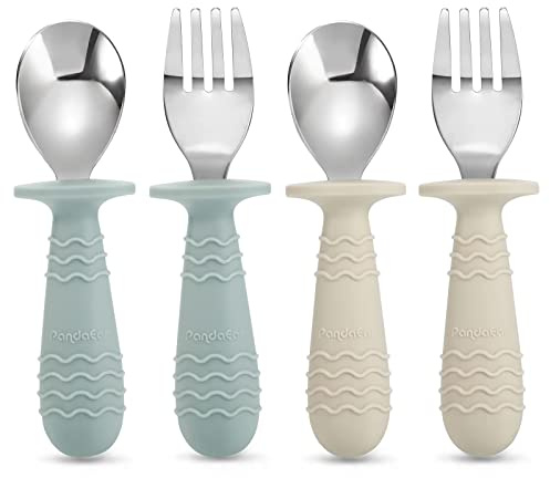 PandaEar 4 Set Baby Besteckset| Kinderbesteck ab 1 jahr| Baby Kinder Silikon Edelstahl Esslernbesteck Löffel Gabel mit hält Anti-Choke-Design, BPA Frei