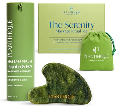 PLANTIFIQUE Massage-Set: Guasha Stein & Koreanisches Jojobaöl Gesichtsserum | Hautpflegegeschenke für Frauen, Männer, Mütter und Brautjungfern - mit Hyaluronsäure und Niacinamid