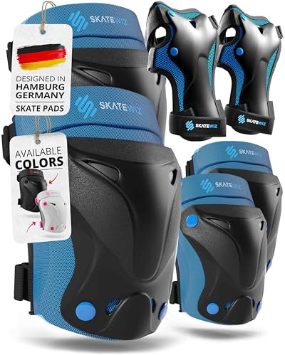 SKATEWIZ Knieschoner Kinder - Schoner Inliner Kinder - Knieschützer - Schützer Inliner Schoner Set - Protektoren Knie und Ellenbogenschützer - PROTECT-1 Blue Größe S - Skateboard
