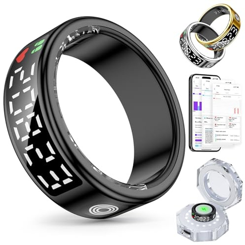 Gwenland Smart Ring Smartringe für Herren Damen, Fitness Tracker Rings mit LED Anzeige, Gesundheitsring IP68 Wasserdicht mit iOS und Android,Aktivitätstracker/Herzfrequenz/SpO2/Schlaf (Schwarz, 10)